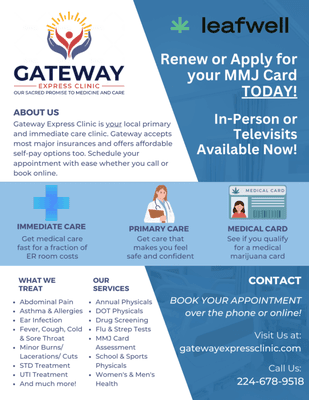 Gateway Express Medical Clinic offering MMJ Card consults by televisit