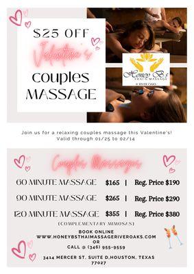 HAPPY VALENTINE'S! Enjoy $25 off Couples Massages VALID THROUGH 01/25/24 - 02/14/24