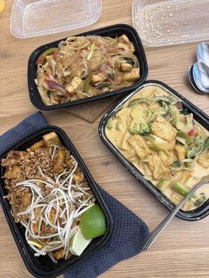 Pad Kee Mao, Pad Thai, and Green Curry