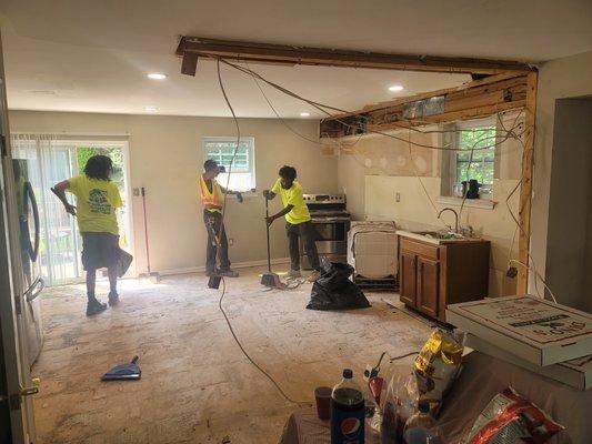 Wall removed between dining room and kitchen/ cabinet removal