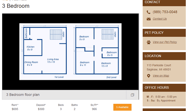 3bd / 2ba  $695 Deposit $300    Sq Feet 966