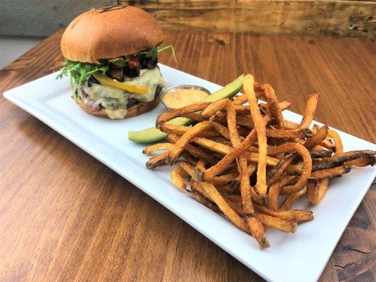 Mushroom Swiss Burger with hand cut fries