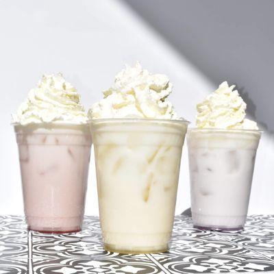 Italian Cream Sodas:
made with your choice of flavored syrup, club soda, half and half then topped with house-made vanilla whipped cream