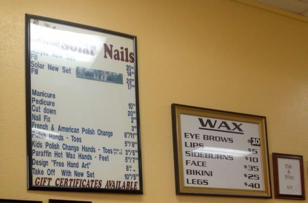 Prices for Nail Services and Wax Services (as of May 28, 2015)