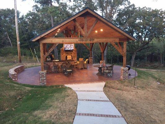 Outdoor Pavillion Stained Concrete  Kitchen Fireplace