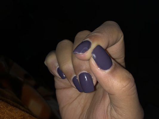 Chipped nails. Polish is lifting and can see unpainted nail. Hasn't even been 24 hours.