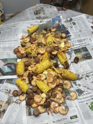 The low country boil I made with 4 lbs of fresh large shrimp from Hwy 21 Seafood