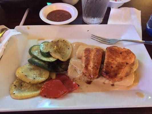 Pan roasted salmon on top of seafood enchilada. Muy excelente!