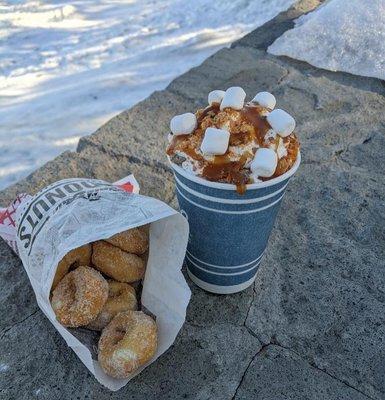 Fresh cinnamon sugar donuts with hot chocolate