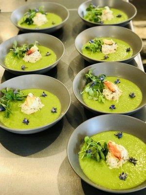 Chilled Spring Pea & Baby Leek Soup
 with Dungeness Crab