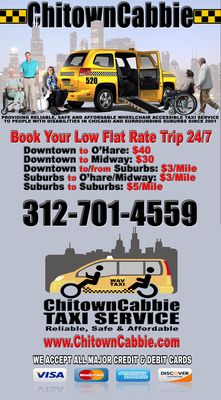 Book your LOW FLAT RATE wheelchair accessible transportation ride with ChitownCabbie via the phone or online 24/7.