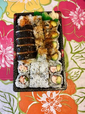 Three sushi rolls: California $4.50, Eel Avocado $5.50, Rock & Roll $6.95,