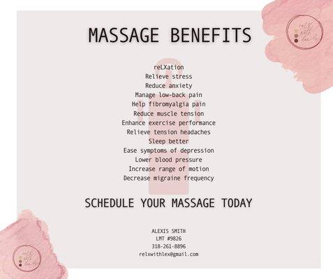 I specialize in reLXation and therapeutic massage. Schedule your massage today online or call/text for walk-in availability (318) 261-8896