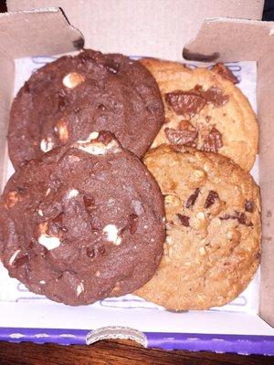 Smores cookie, peanut butter chocolate chunk and oatmeal raisin chocolate chunk