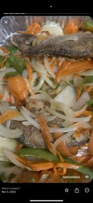 Whole Escovitch fish : Seasoned with Lime Onions and Veggies