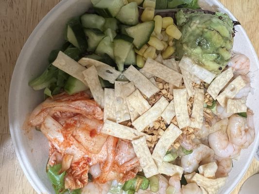 Build Your Own - 1 Protein (shrimp, wonton crisps, kimchi, corn, greens, sushi rice, avocado and cucumber).