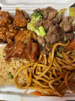 Half Lo Mein Half Fried Rice With 2 entrees of Beef Broccoli and Orange Chicken