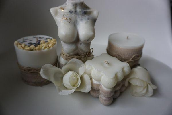 Farmhouse soy bubble and nude lady/ 2 pillars embedded dried flowers