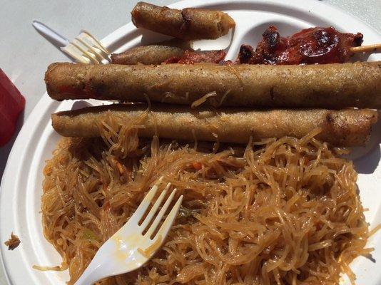 #3 combo; pancit, lumpia with a side of bbq