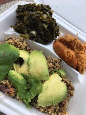 Mighty greens plate (quinoa with roasted veggies, avocado, collard/turnip/kale mix and mashed sweet potatoes)