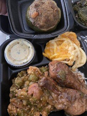 Smothered Chicken, stuffed pepper, potato salad, okra