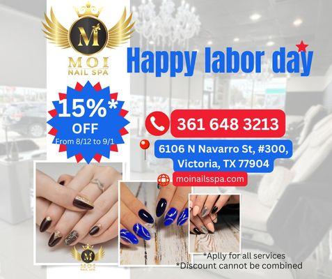 Happy Labor Day. 15 off for all nail services