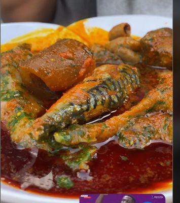 Amala with pomo and fish gbejiri and ewedu soup