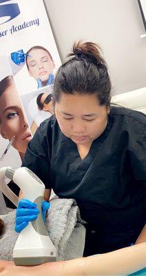 Our Medical Laser Technicians are performing a cellulite reduction and body contouring treatment on our model!