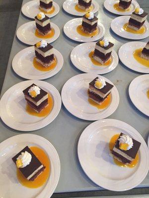 Chocolate and coconut cake, mango coulis