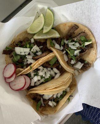 Tacos: steak/asada, chicken/pollo, tongue/lengua