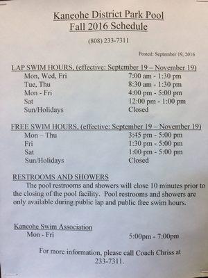 Pool Hours, Fall 2016