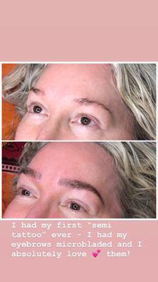 BEFORE BROWS - scrawny, thin, uneven, patchy,.  AFTER Melaine's incredible microblading: Full, thick, even, balanced - amazing and perfect!