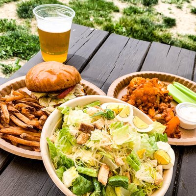 Classic Caesar Salad, Fresh Cut French Fries, Buffalo Cauliflower, Buffalo Chicken Burger