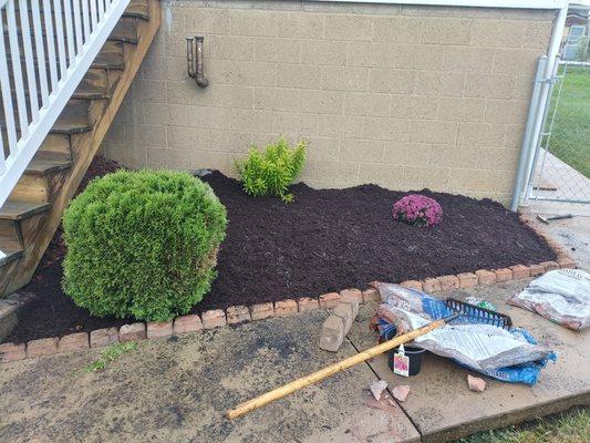 Fresh laid brown mulch with new flower's and bush with decorative brick edgers