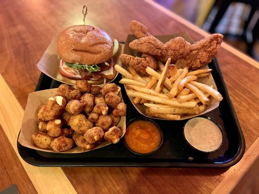 "Crispy Chicken Sandwich","Chicken & Fries Basket", and a side order of "Fried Cheese Curds".