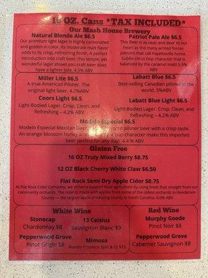 Menu- beer, gluten free, wine