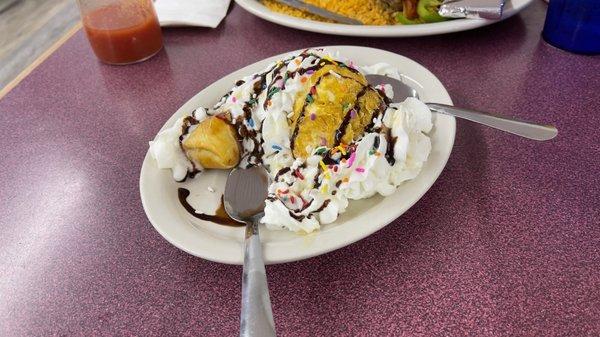 Fried ice cream, and warm cheesecake burrito.