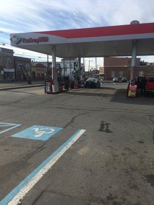 3 rows of gas pumps.