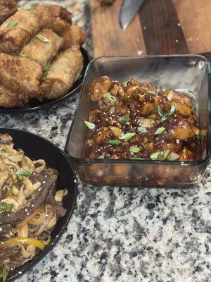 Chicken Eggrolls, Beef Lo   Mien, General Tso Chicken