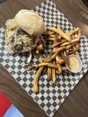 Mushroom Swiss burger with hand cut french fries