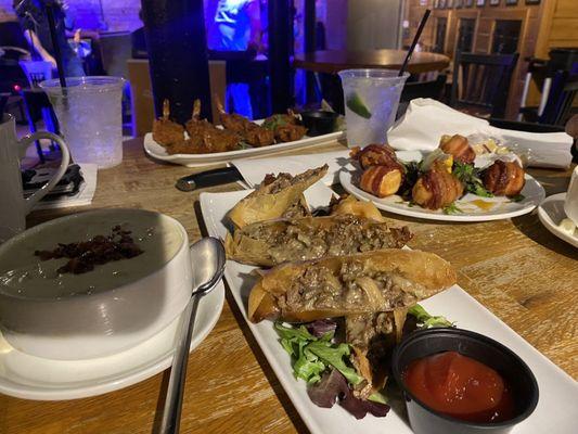 Starter dishes on point! Steak and Cheese eggrolls, scallops, coconut shrimp and chowda