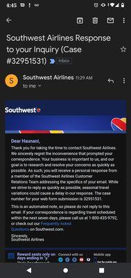 Southwest receiving my claim number and complaint!