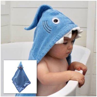 Do I see a baby shark? Yes, you do! Baby shark hooded towel and lovie available at Town & Country.