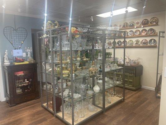 We have a beautiful selection of Vintage Glass of all kinds, Crystal, Pottery and Etc.