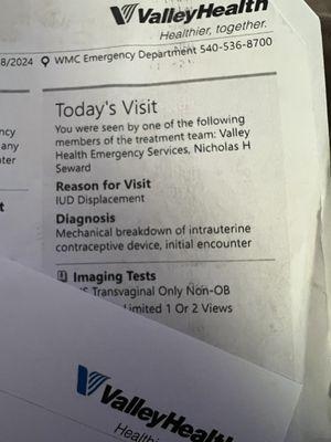 Discharge papers from the hospital visit