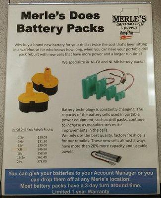 We rebuild Ni-Cd and Ni-Mh battery packs.