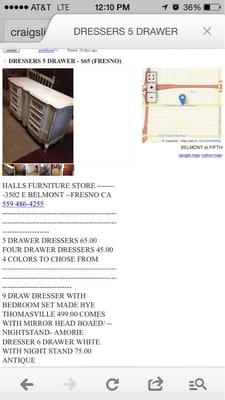 This was the Craigslist ad where the 6 drawer dresser set was posted for $75(see the bottom).