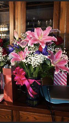 Typical drive-by bouquet * Stargazers, roses & iris