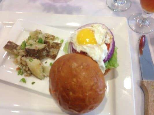 Burger with fried egg and Potato Salad