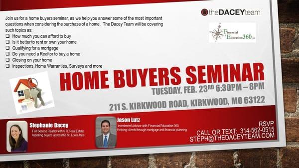 Have you ever thought about becoming a homeowner?  Please join us for a workshop for home buyers at our office in Kirkwood.  ...